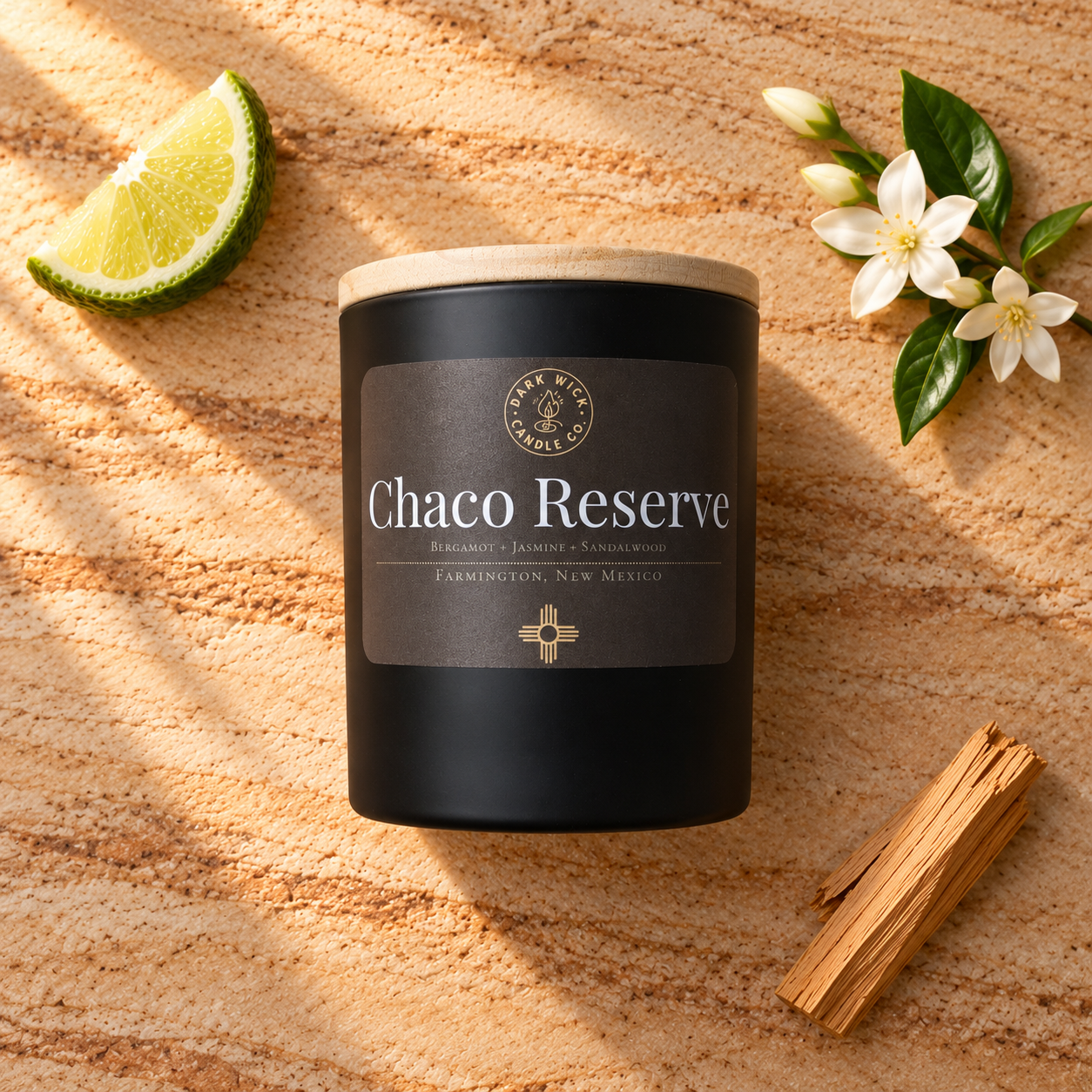 Flat lay of the small Chaco Reserve candle in a black vessel with a wooden lid, on warm stone beside citrus, white flowers and wood.